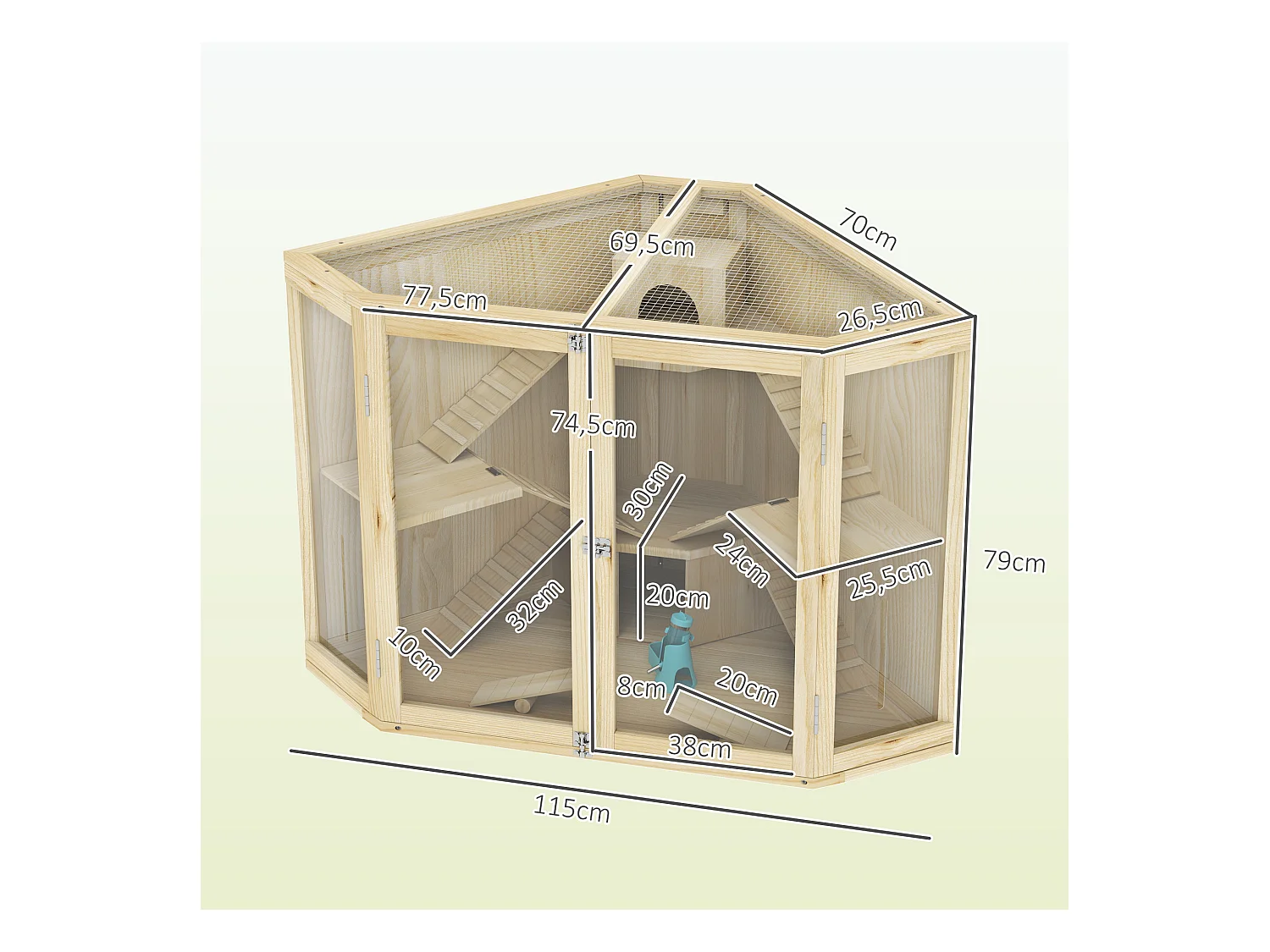 Cage à hamster en bois à 4 niveaux, avec station d'alimentation, balançoire, rampe et cabanes, pour hamsters nains et syriens (115x69.5x79cm)