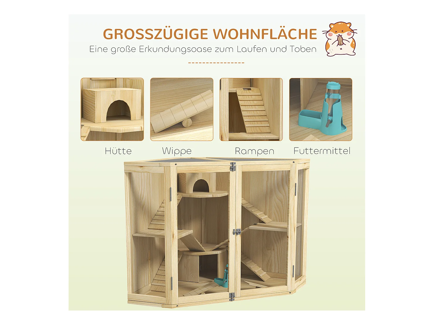 Cage à hamster en bois à 4 niveaux, avec station d'alimentation, balançoire, rampe et cabanes, pour hamsters nains et syriens (115x69.5x79cm)