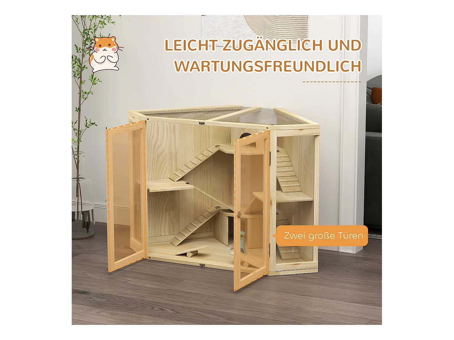 Cage à hamster en bois à 4 niveaux, avec station d'alimentation, balançoire, rampe et cabanes, pour hamsters nains et syriens (115x69.5x79cm)