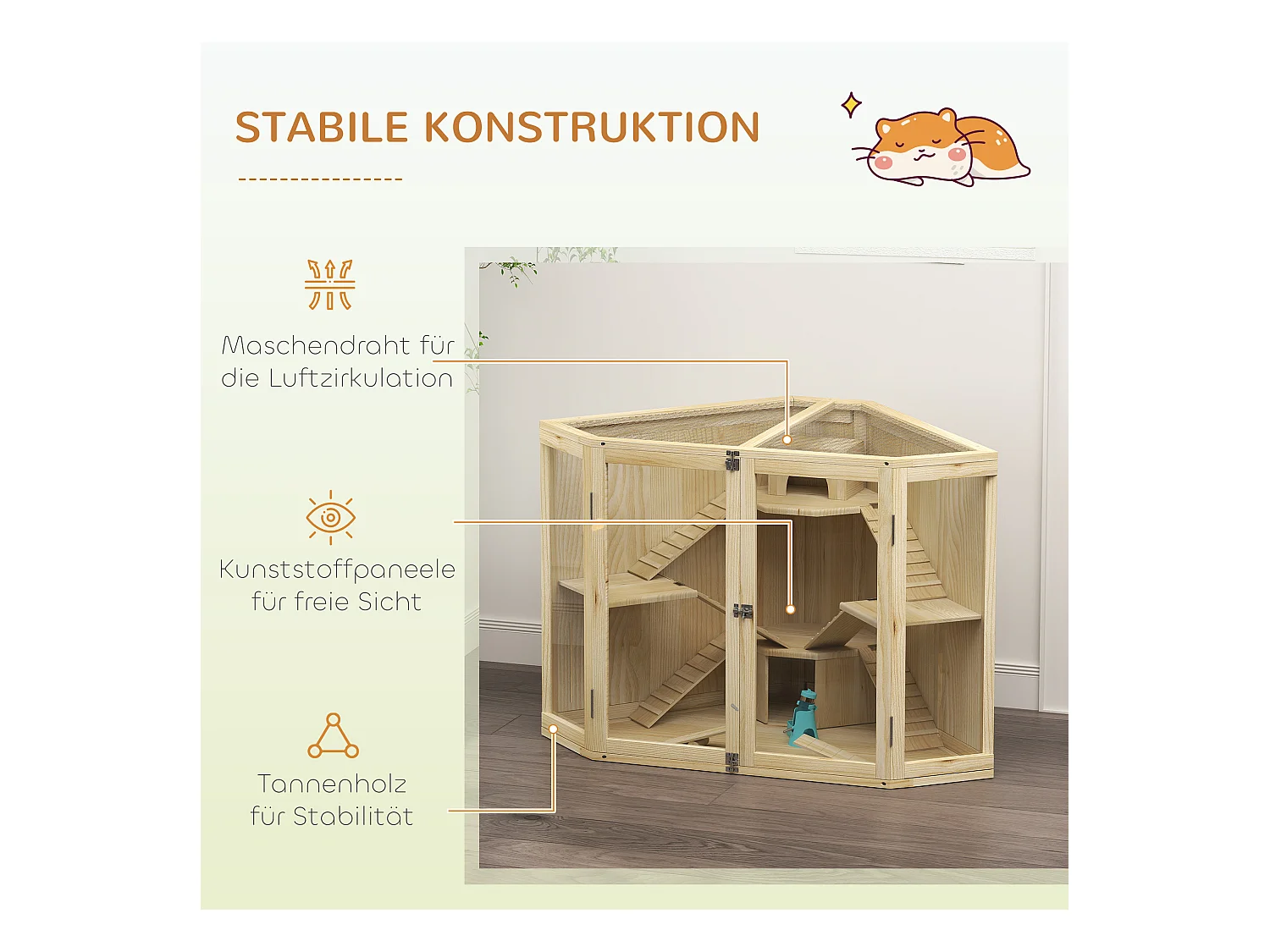 Cage à hamster en bois à 4 niveaux, avec station d'alimentation, balançoire, rampe et cabanes, pour hamsters nains et syriens (115x69.5x79cm)