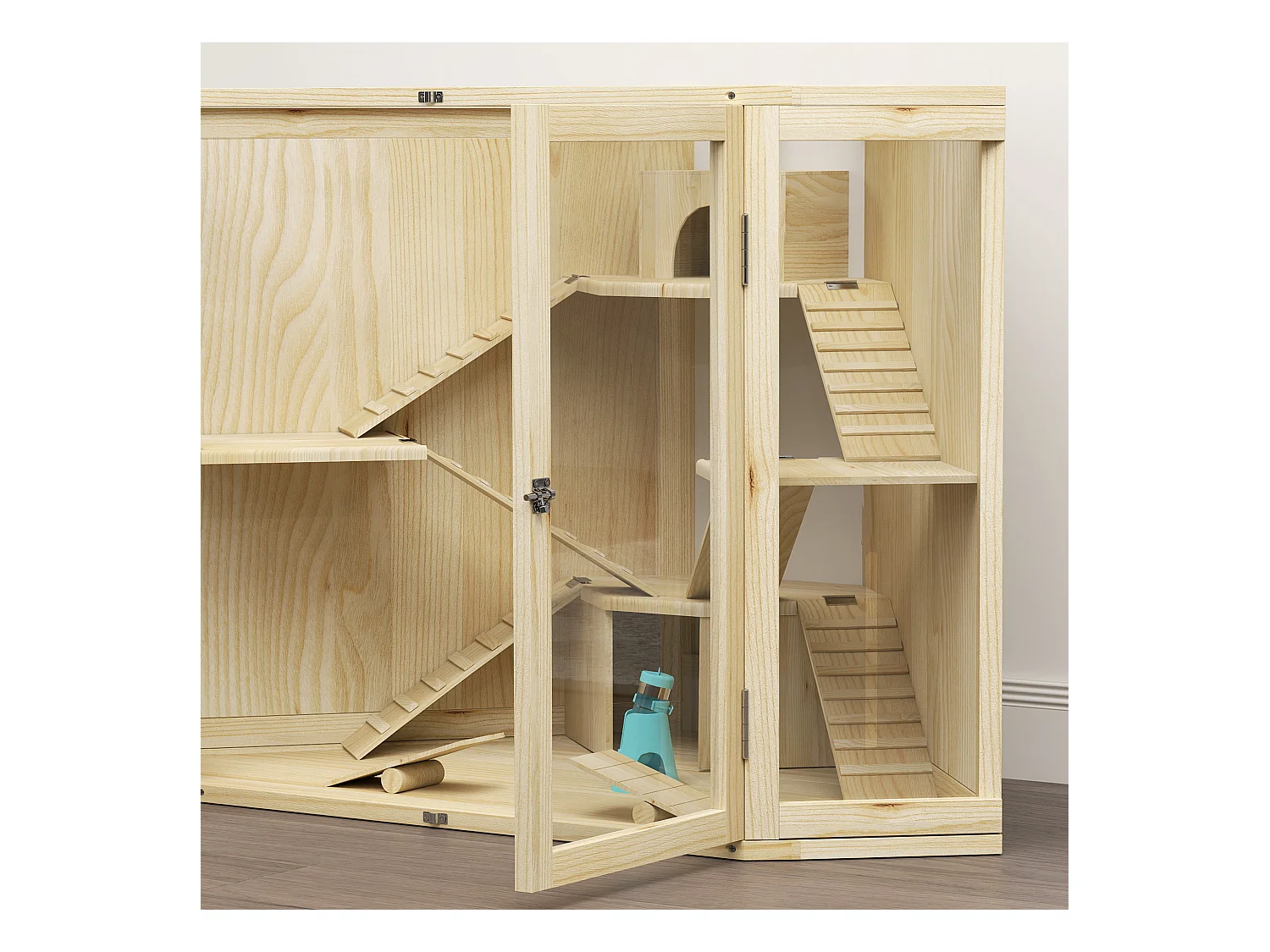 Cage à hamster en bois à 4 niveaux, avec station d'alimentation, balançoire, rampe et cabanes, pour hamsters nains et syriens (115x69.5x79cm)