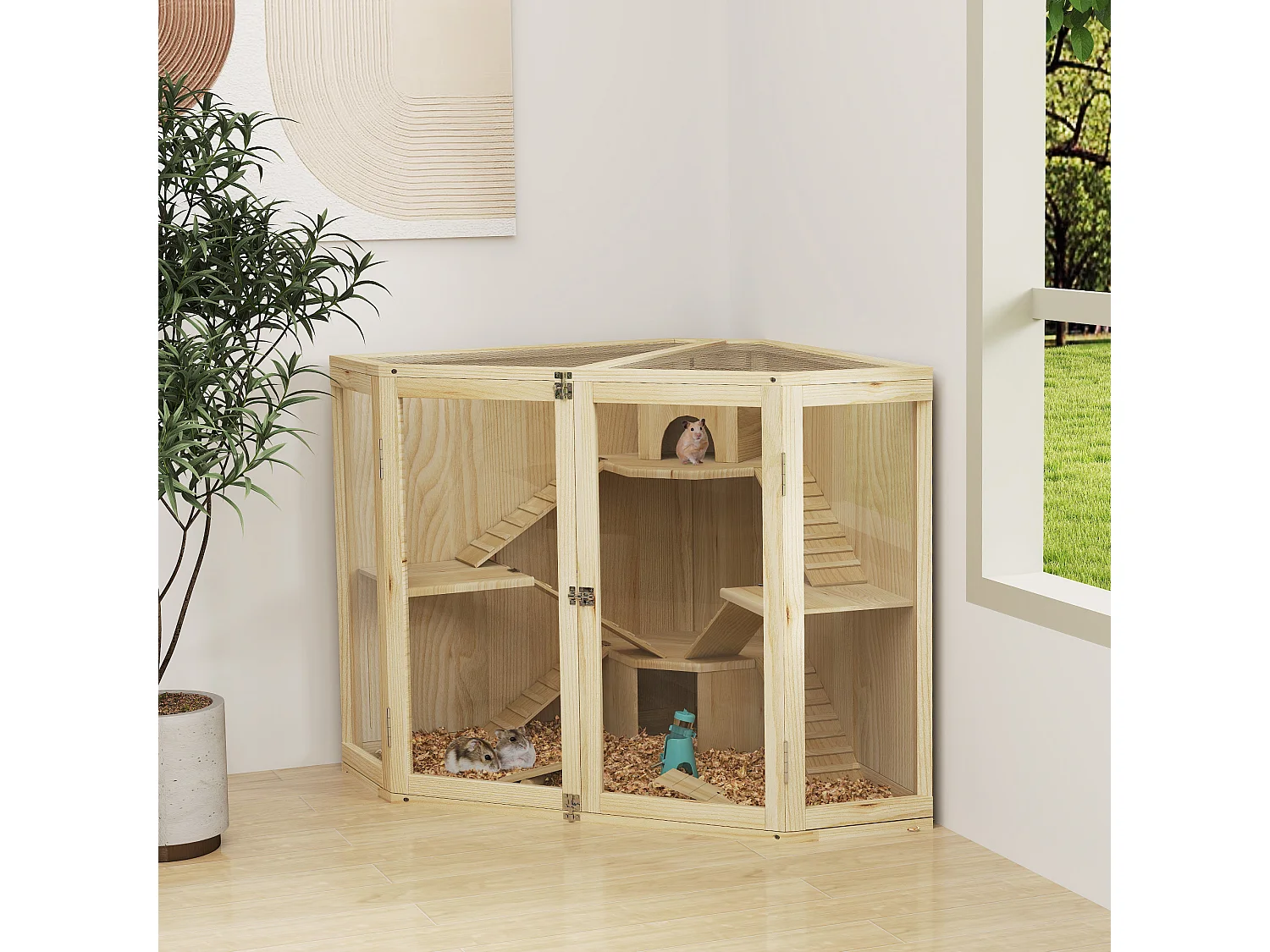 Jaula de madera para hámster de 4 niveles con comedero, columpio, rampa y casetas para hámsteres enanos y sirios (115 x 69,5 x 79 cm)