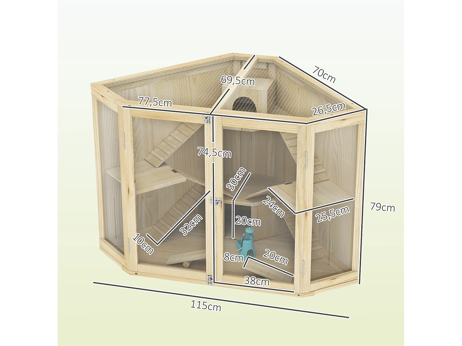 Jaula de madera para hámster de 4 niveles con comedero, columpio, rampa y casetas para hámsteres enanos y sirios (115 x 69,5 x 79 cm)