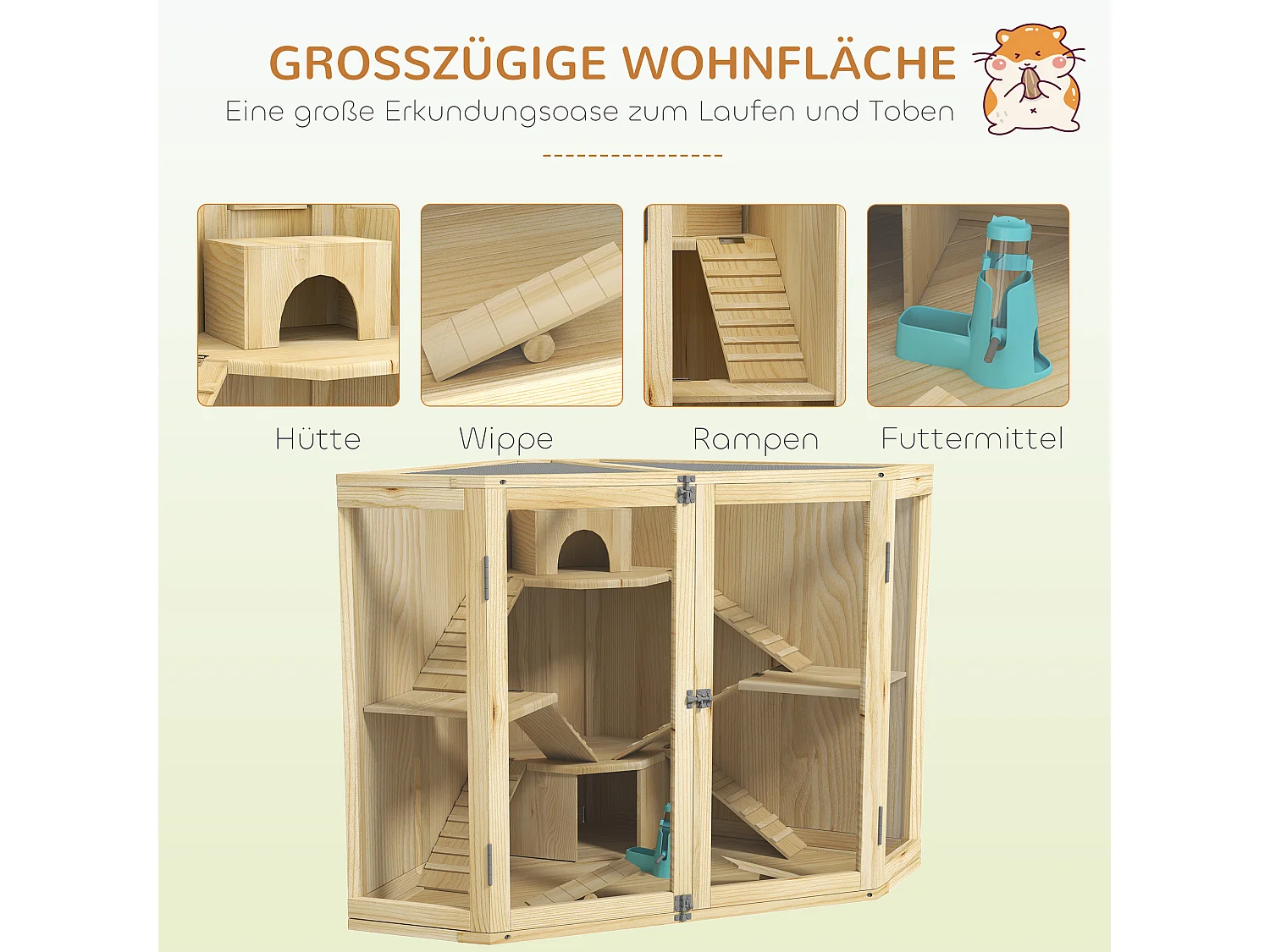 Jaula de madera para hámster de 4 niveles con comedero, columpio, rampa y casetas para hámsteres enanos y sirios (115 x 69,5 x 79 cm)