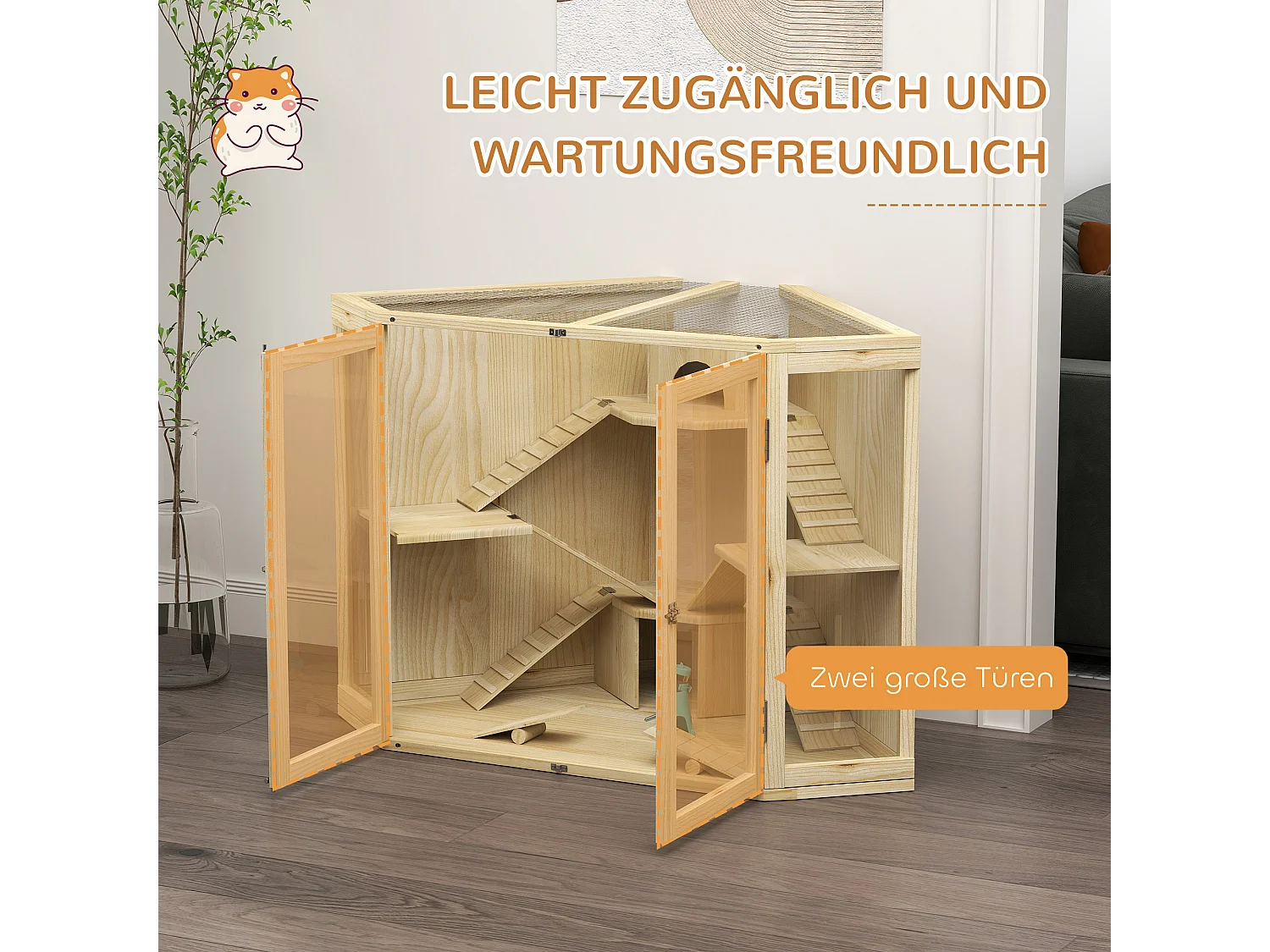 Jaula de madera para hámster de 4 niveles con comedero, columpio, rampa y casetas para hámsteres enanos y sirios (115 x 69,5 x 79 cm)