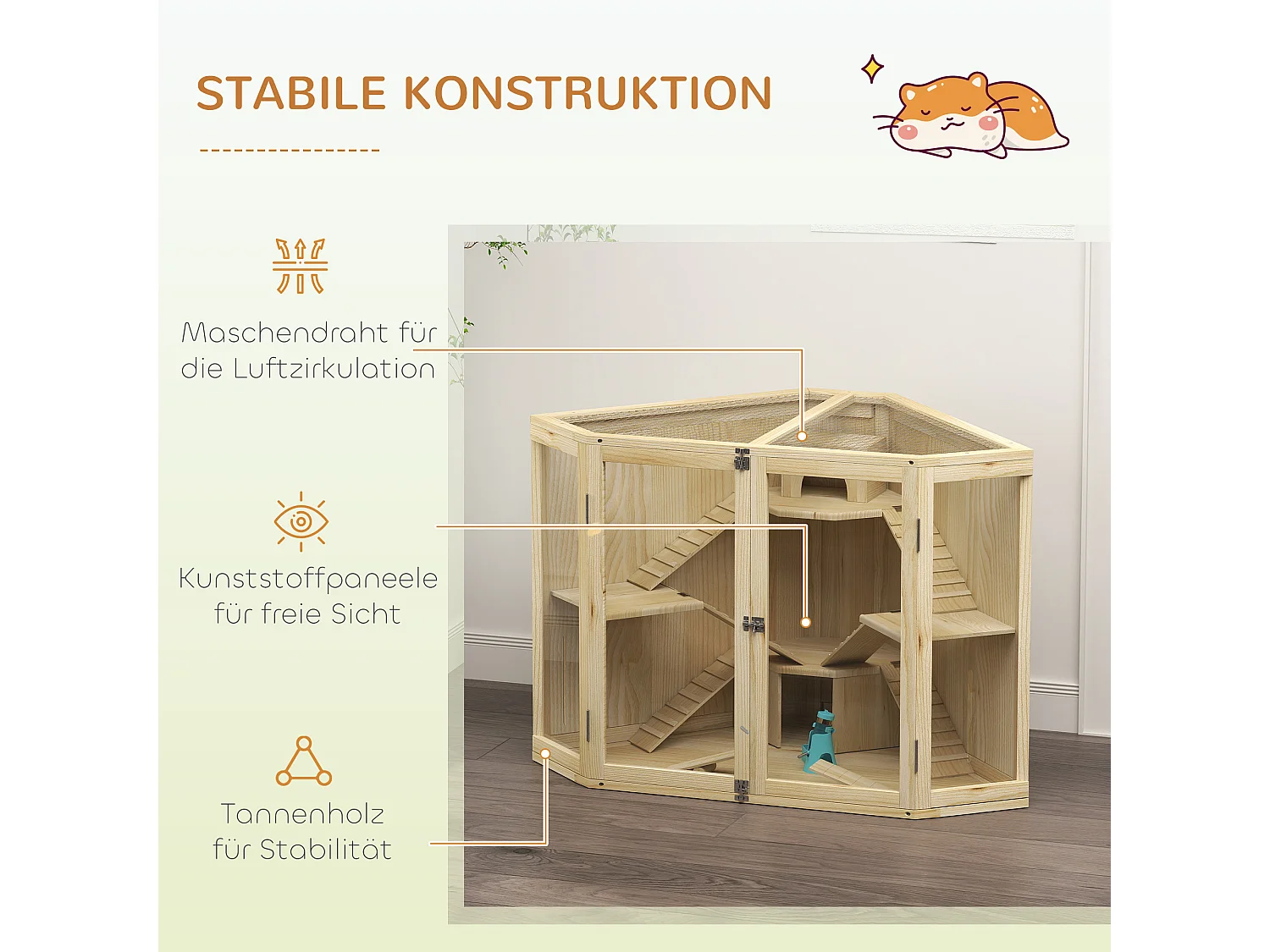 Jaula de madera para hámster de 4 niveles con comedero, columpio, rampa y casetas para hámsteres enanos y sirios (115 x 69,5 x 79 cm)