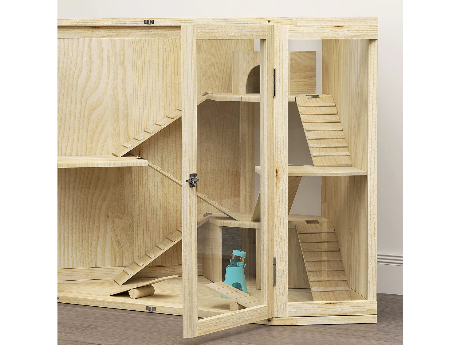 Jaula de madera para hámster de 4 niveles con comedero, columpio, rampa y casetas para hámsteres enanos y sirios (115 x 69,5 x 79 cm)