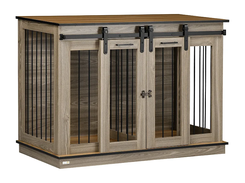 Hondenbench met twee deuren, rustiek design, hout, eikenkleur (120x60x88,5 cm)