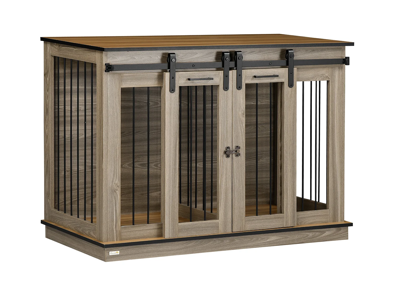 Cage pour chien à deux portes, design rustique, bois, couleur chêne (120x60x88.5 cm)