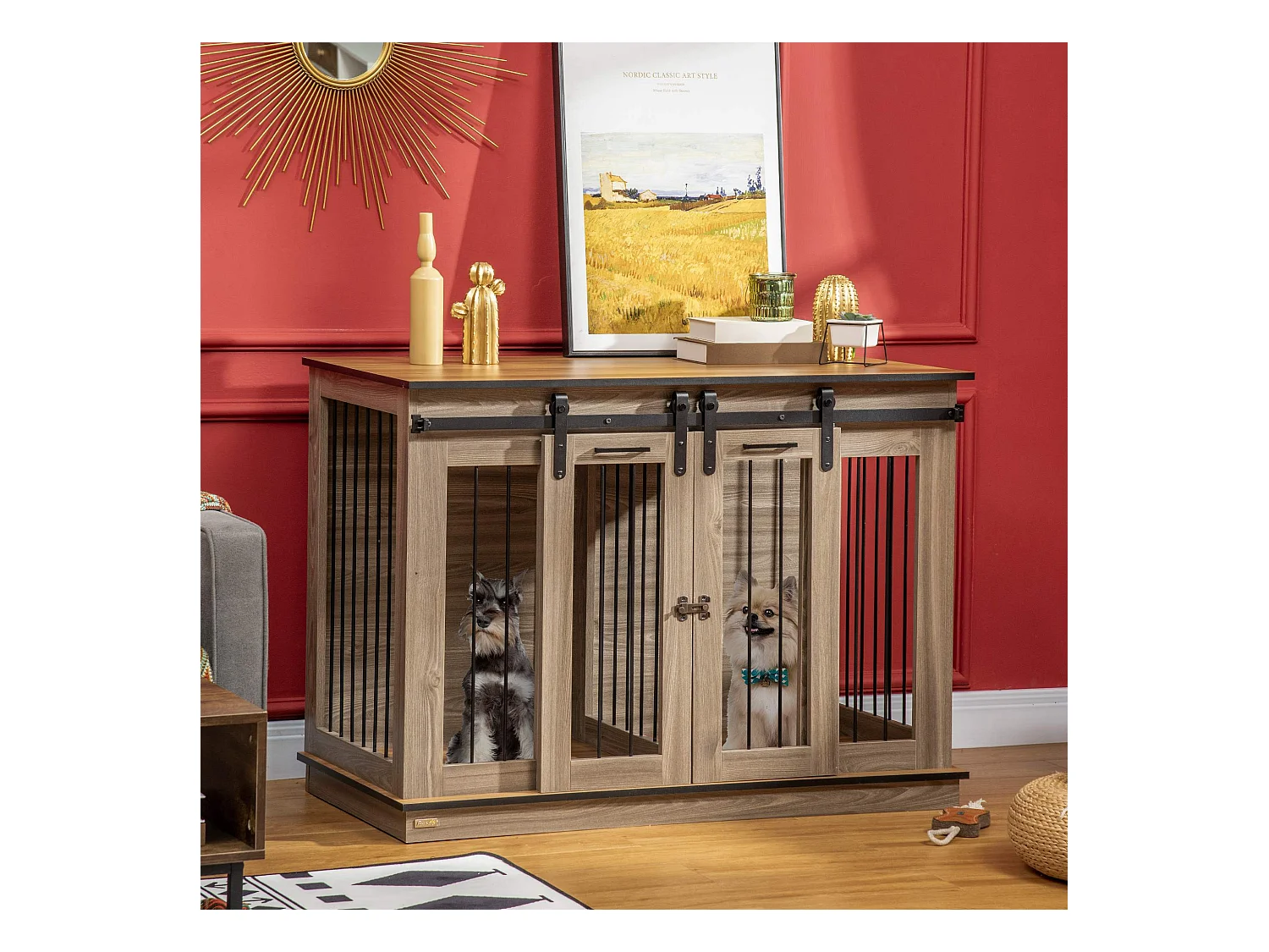 Cage pour chien à deux portes, design rustique, bois, couleur chêne (120x60x88.5 cm)