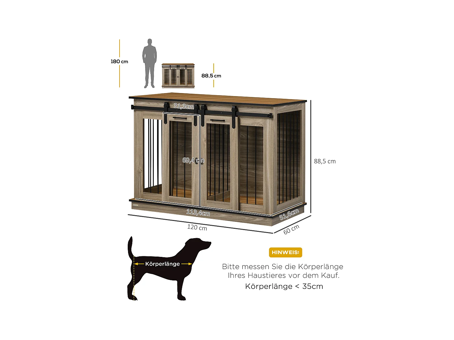 Cage pour chien à deux portes, design rustique, bois, couleur chêne (120x60x88.5 cm)