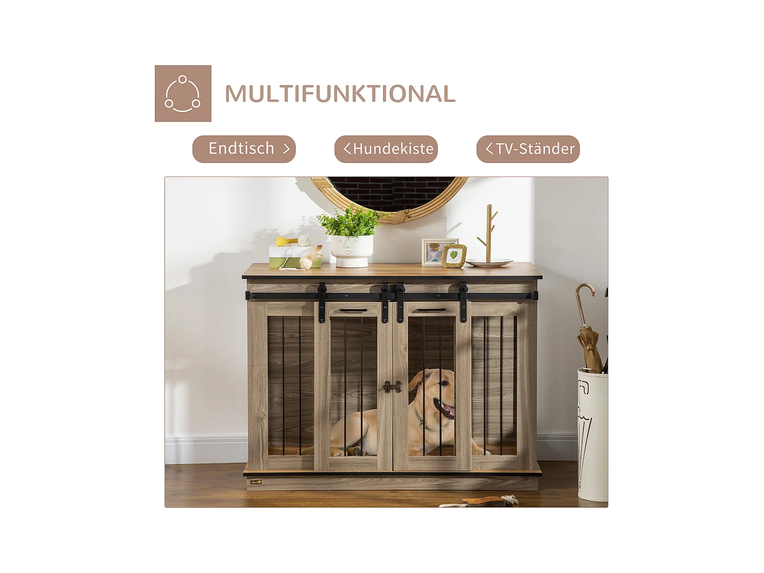 Cage pour chien à deux portes, design rustique, bois, couleur chêne (120x60x88.5 cm)