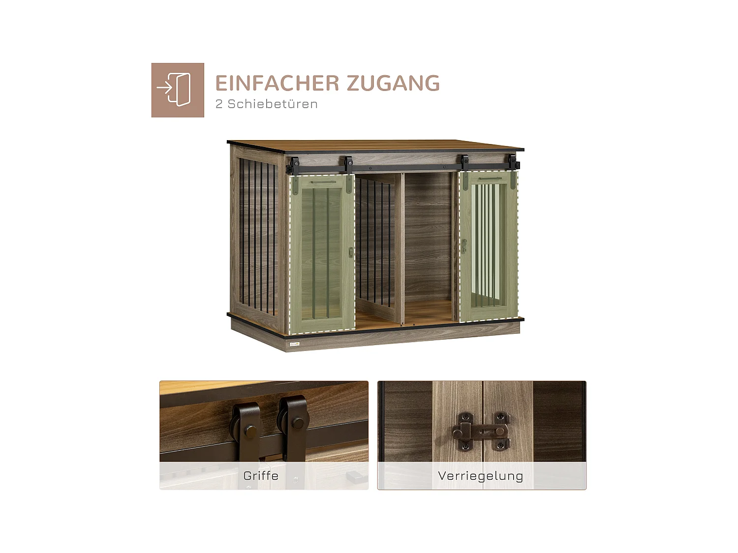 Cage pour chien à deux portes, design rustique, bois, couleur chêne (120x60x88.5 cm)