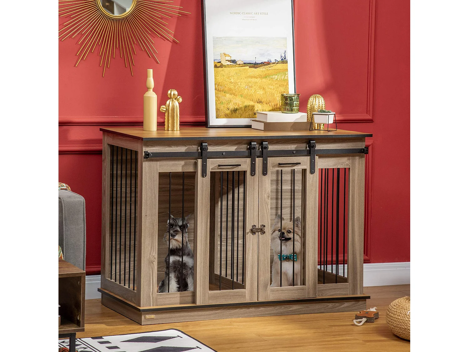 Cage pour chien à deux portes, design rustique, bois, couleur chêne (120x60x88.5 cm)