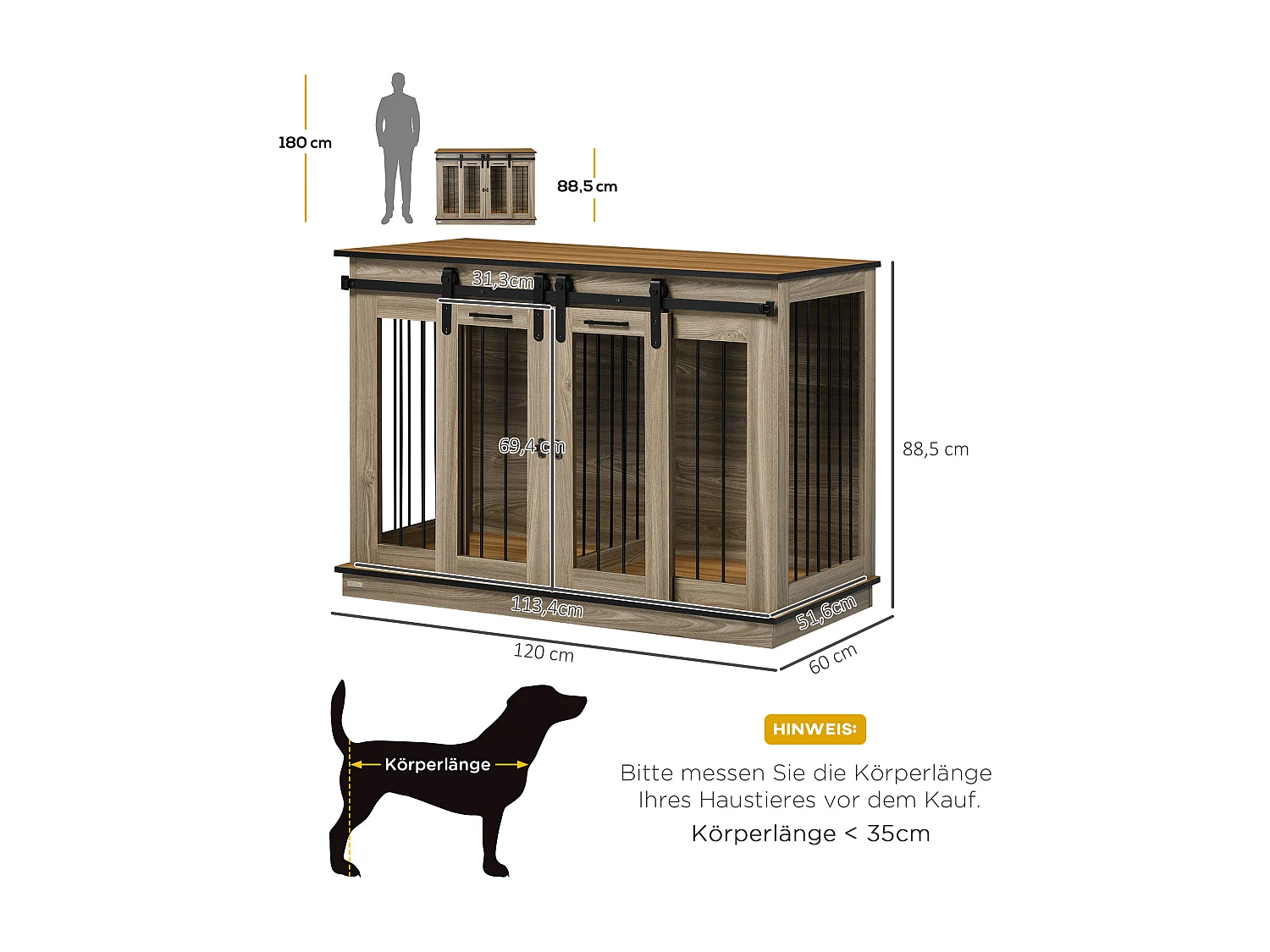 Cage pour chien à deux portes, design rustique, bois, couleur chêne (120x60x88.5 cm)