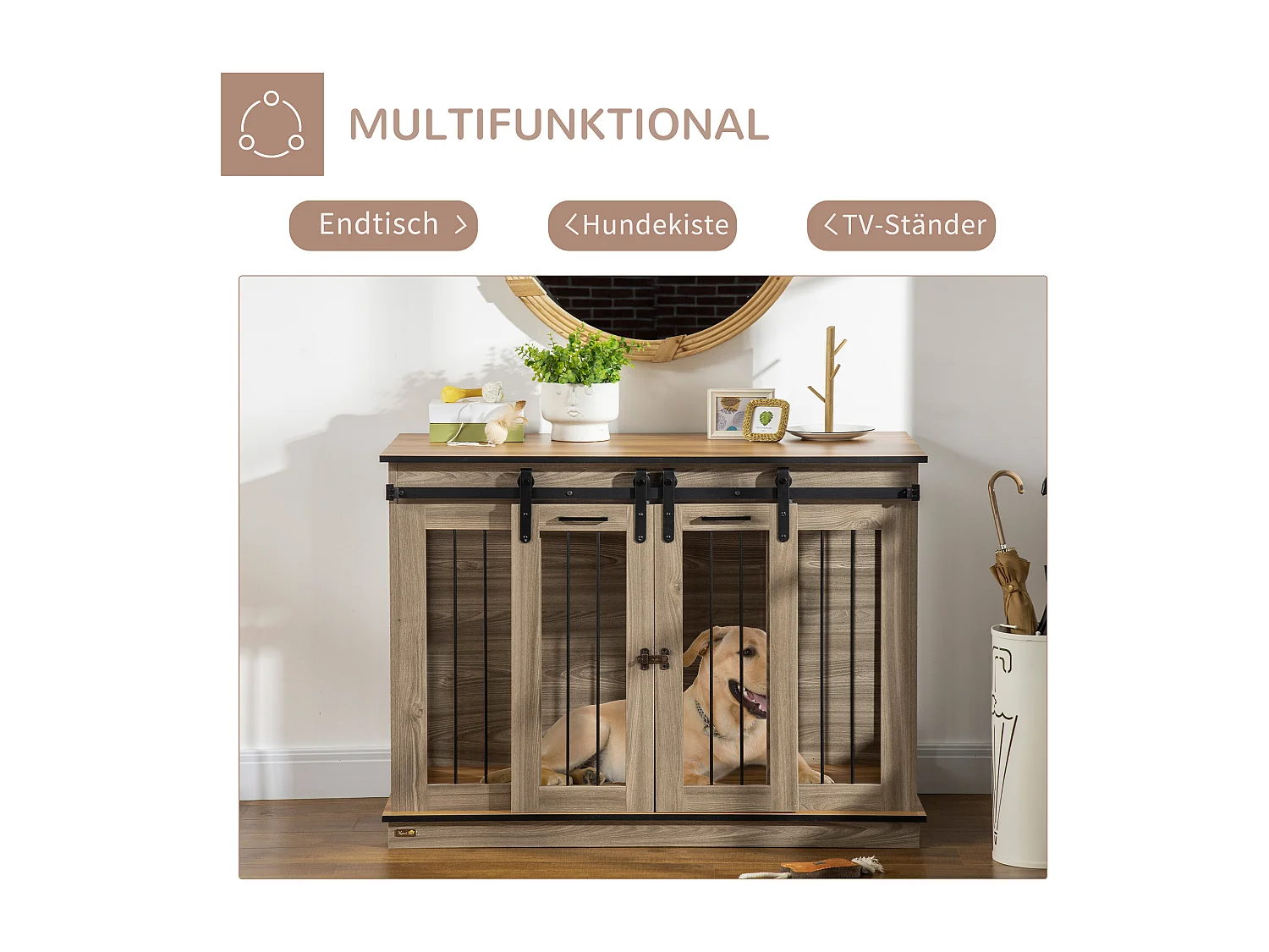 Cage pour chien à deux portes, design rustique, bois, couleur chêne (120x60x88.5 cm)