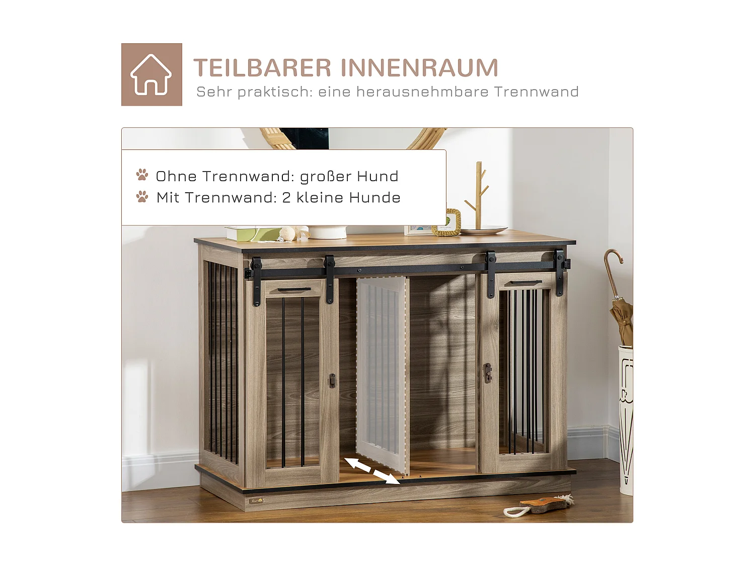 Cage pour chien à deux portes, design rustique, bois, couleur chêne (120x60x88.5 cm)