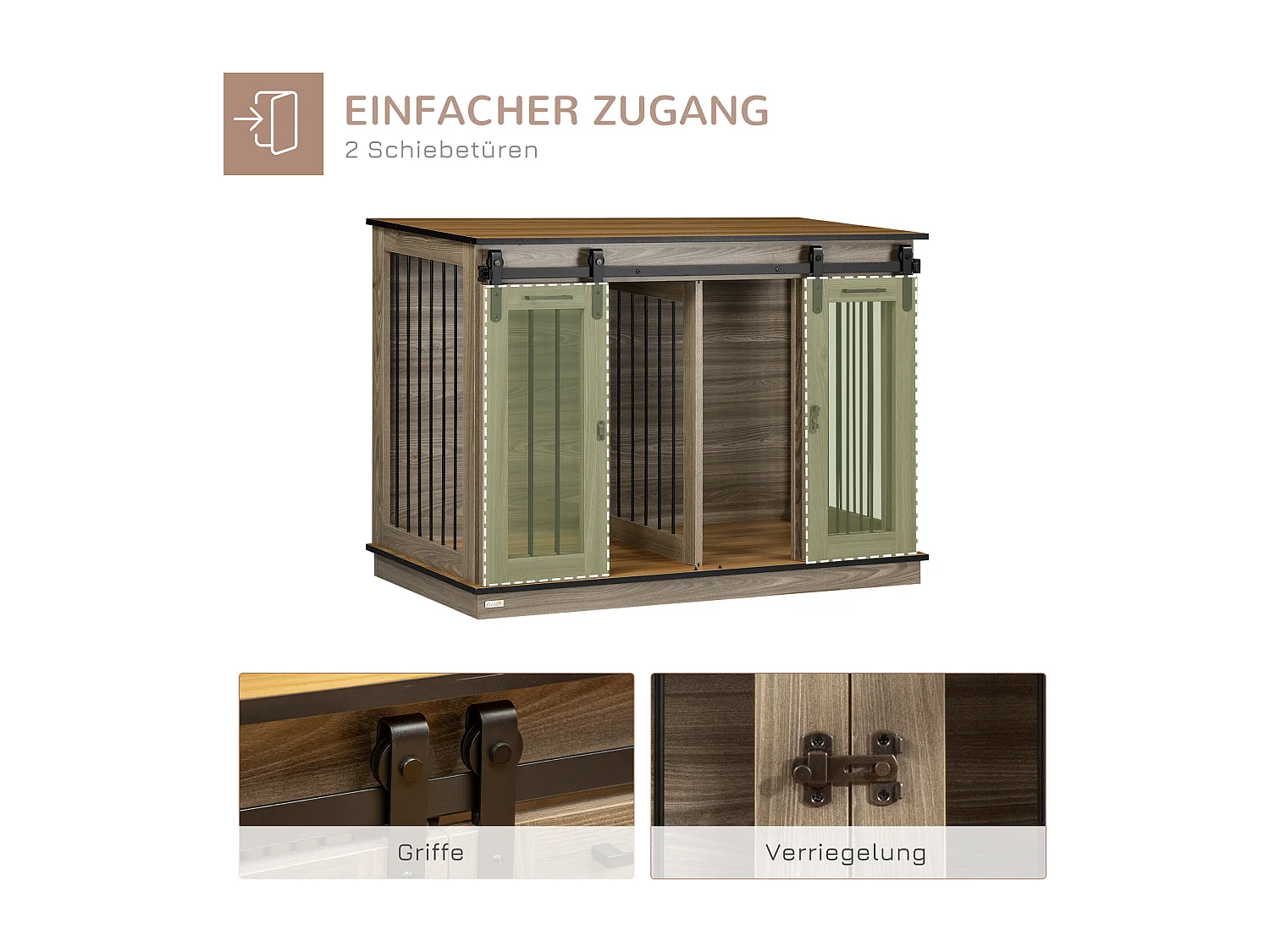 Cage pour chien à deux portes, design rustique, bois, couleur chêne (120x60x88.5 cm)