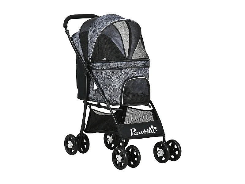 Poussette pliante pour chien et chat, avec coussin, fenêtres en filet et rangement, polyester, noir (81x48x99 cm)