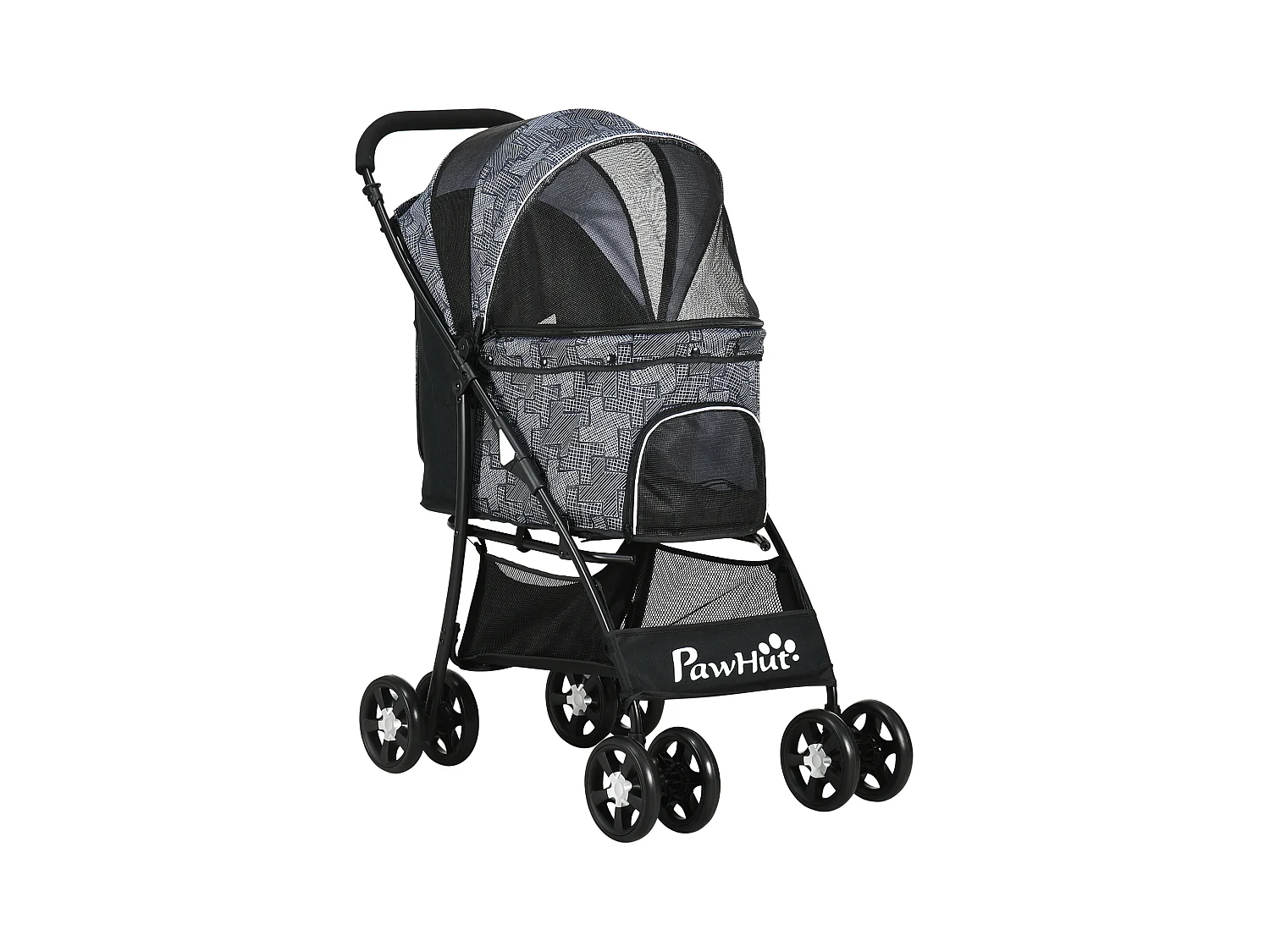 Poussette pliante pour chien et chat, avec coussin, fenêtres en filet et rangement, polyester, noir (81x48x99 cm)