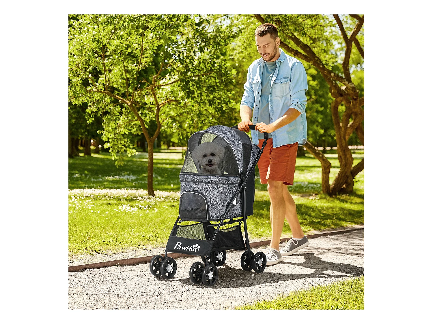 Poussette pliante pour chien et chat, avec coussin, fenêtres en filet et rangement, polyester, noir (81x48x99 cm)