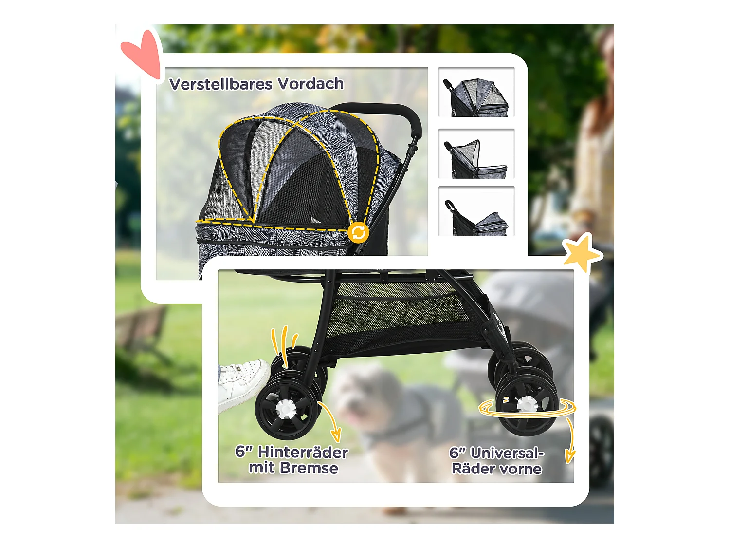 Poussette pliante pour chien et chat, avec coussin, fenêtres en filet et rangement, polyester, noir (81x48x99 cm)