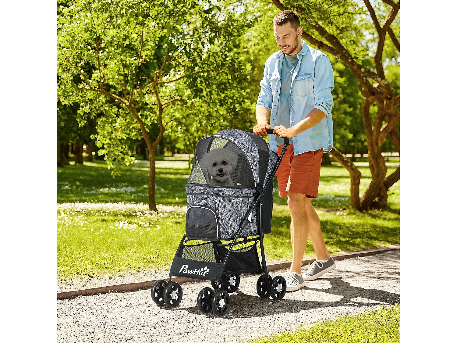 Poussette pliante pour chien et chat, avec coussin, fenêtres en filet et rangement, polyester, noir (81x48x99 cm)