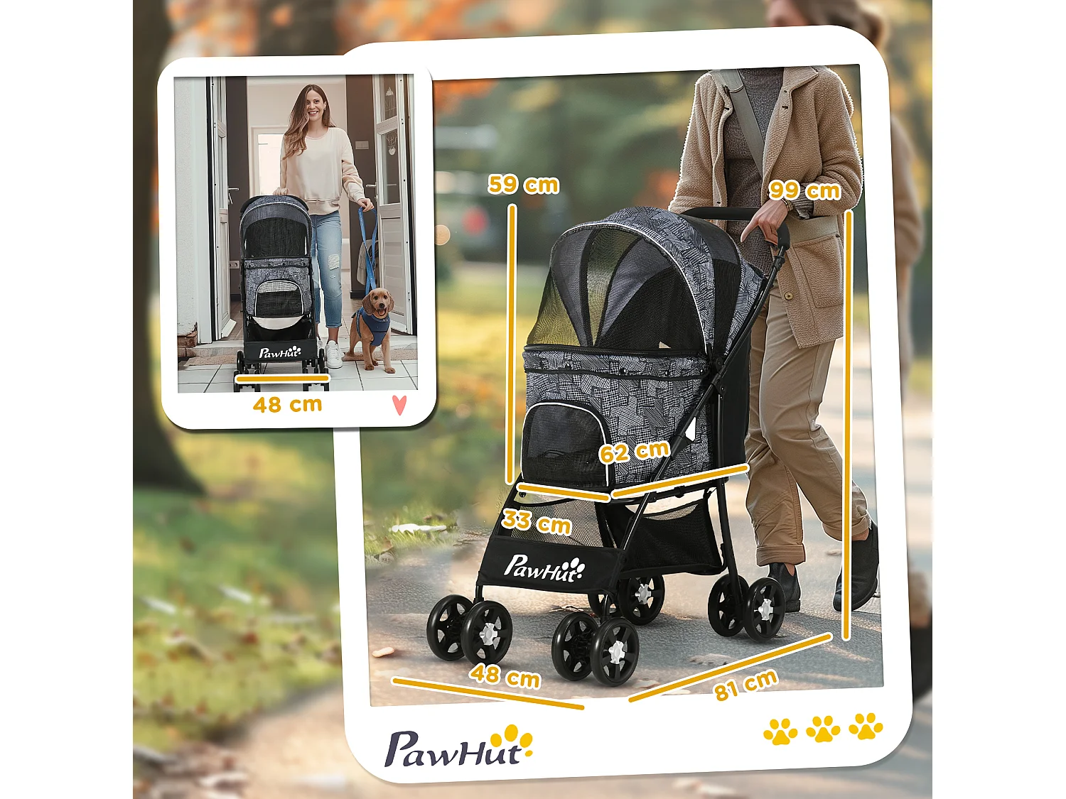 Poussette pliante pour chien et chat, avec coussin, fenêtres en filet et rangement, polyester, noir (81x48x99 cm)