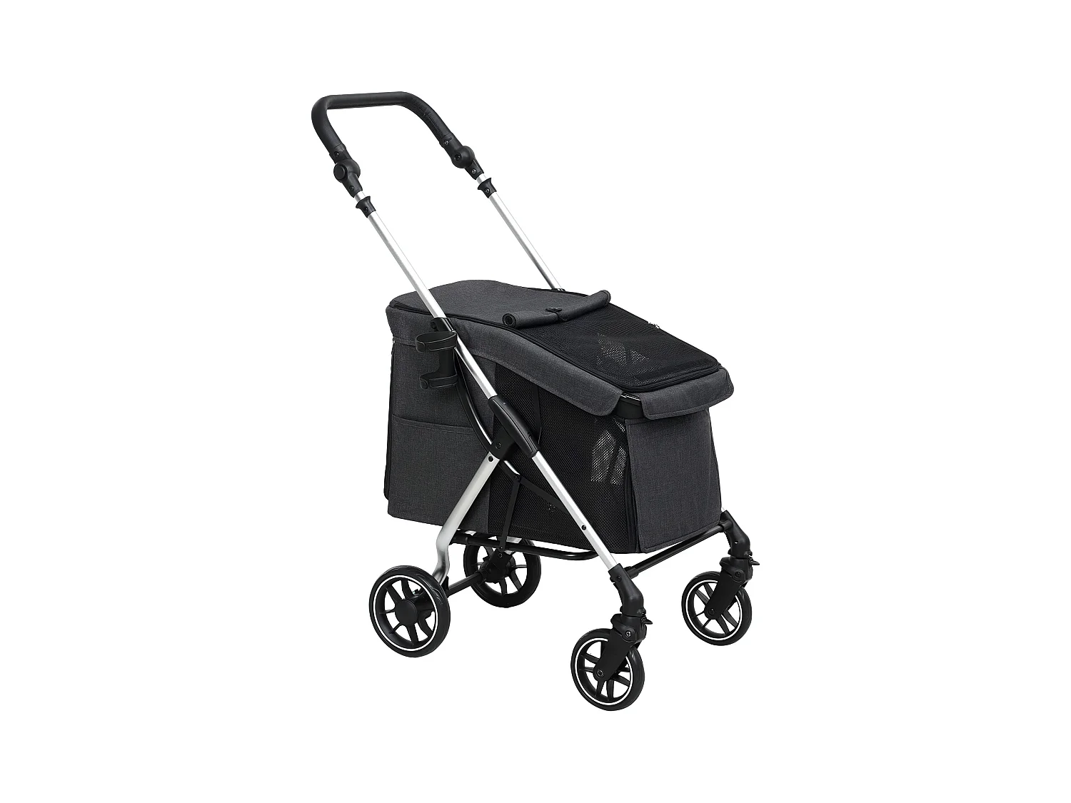 Chariot pliable pour chien et chat, léger en aluminium, avec coussin et panier de rangement, gris (80x48.5x106 cm)