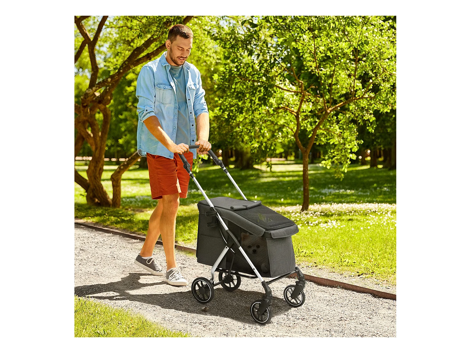 Chariot pliable pour chien et chat, léger en aluminium, avec coussin et panier de rangement, gris (80x48.5x106 cm)