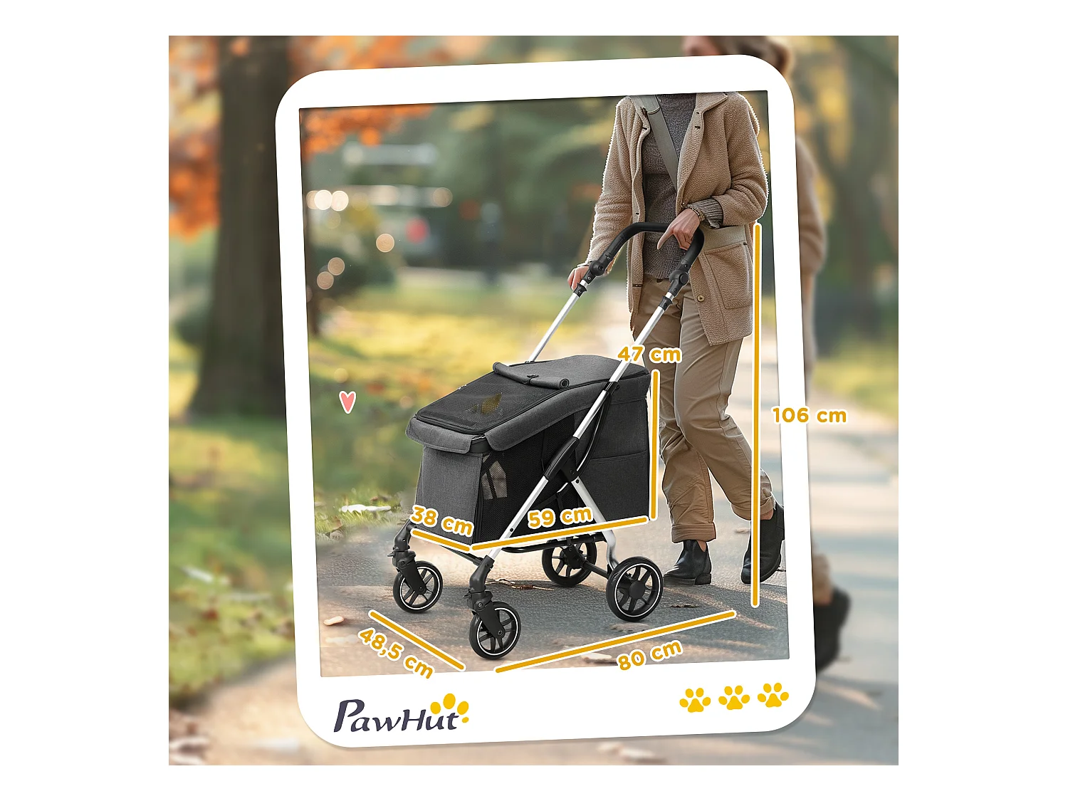 Chariot pliable pour chien et chat, léger en aluminium, avec coussin et panier de rangement, gris (80x48.5x106 cm)