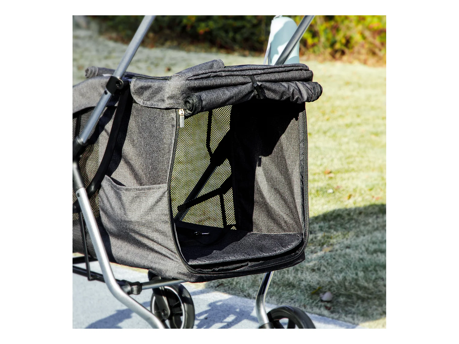 Chariot pliable pour chien et chat, léger en aluminium, avec coussin et panier de rangement, gris (80x48.5x106 cm)