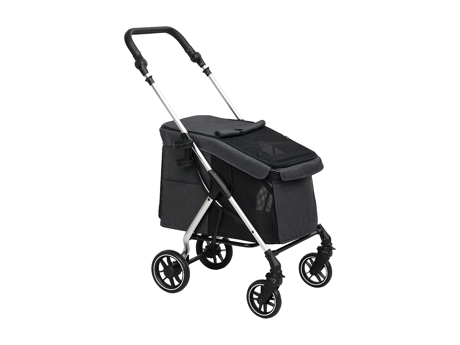 Chariot pliable pour chien et chat, léger en aluminium, avec coussin et panier de rangement, gris (80x48.5x106 cm)