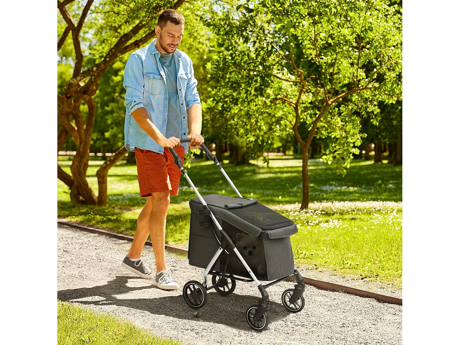 Chariot pliable pour chien et chat, léger en aluminium, avec coussin et panier de rangement, gris (80x48.5x106 cm)