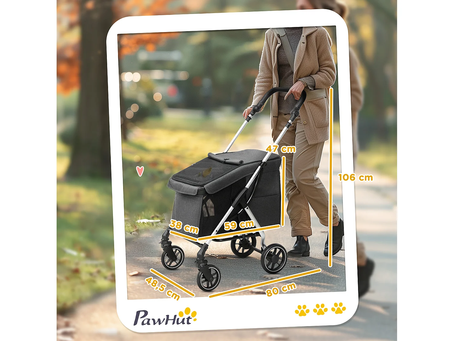 Chariot pliable pour chien et chat, léger en aluminium, avec coussin et panier de rangement, gris (80x48.5x106 cm)