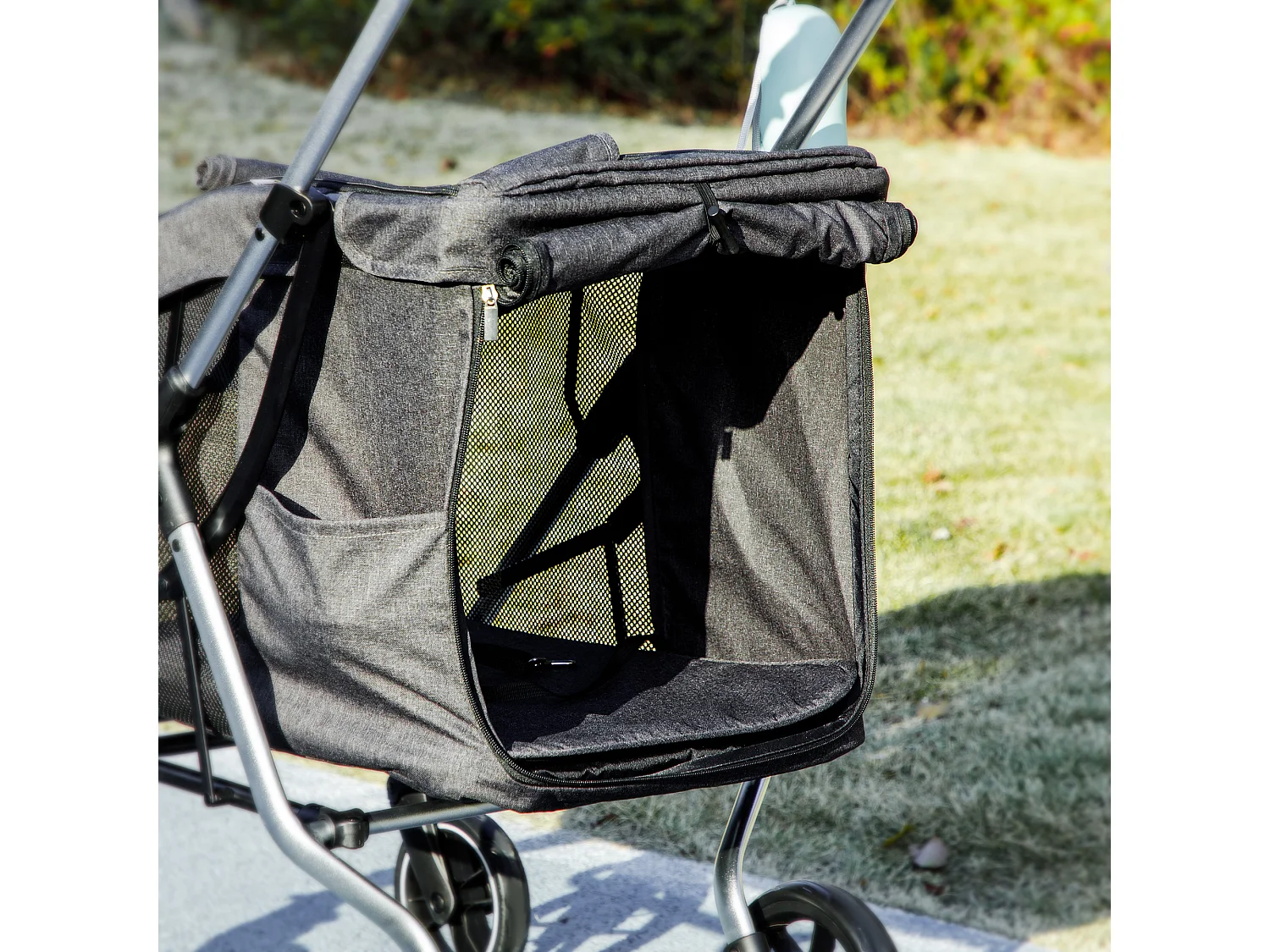 Chariot pliable pour chien et chat, léger en aluminium, avec coussin et panier de rangement, gris (80x48.5x106 cm)