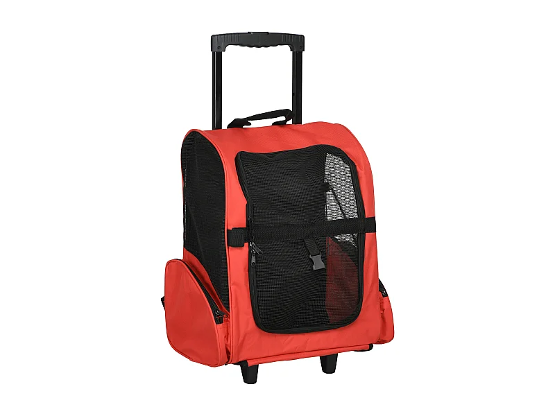 Sac de transport et trolley 2-en-1 pour chien et chat, fenêtre et porte, tissu oxford respirant, rouge (42x25x55 cm)