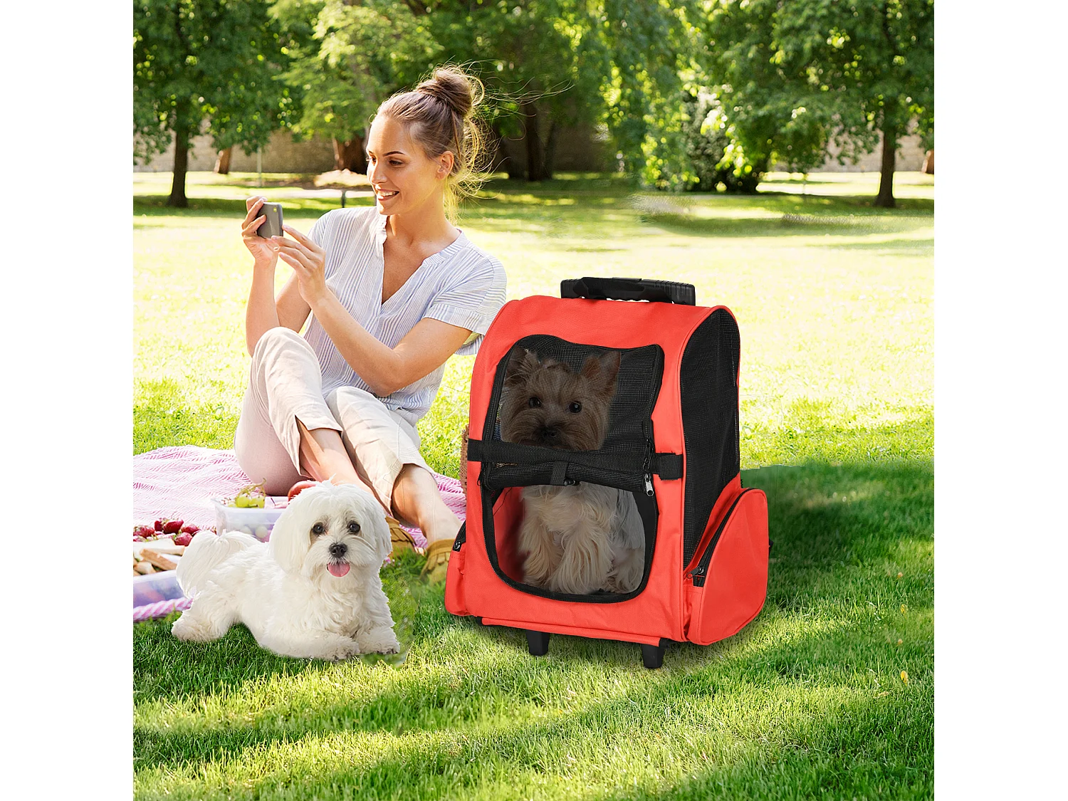 Sac de transport et trolley 2-en-1 pour chien et chat, fenêtre et porte, tissu oxford respirant, rouge (42x25x55 cm)