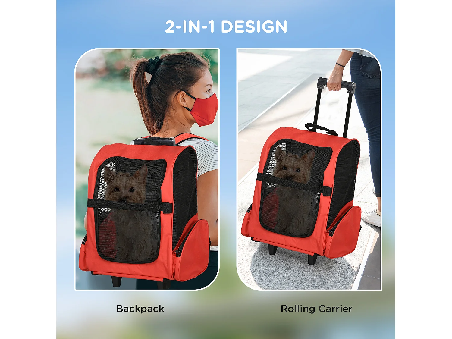 Sac de transport et trolley 2-en-1 pour chien et chat, fenêtre et porte, tissu oxford respirant, rouge (42x25x55 cm)