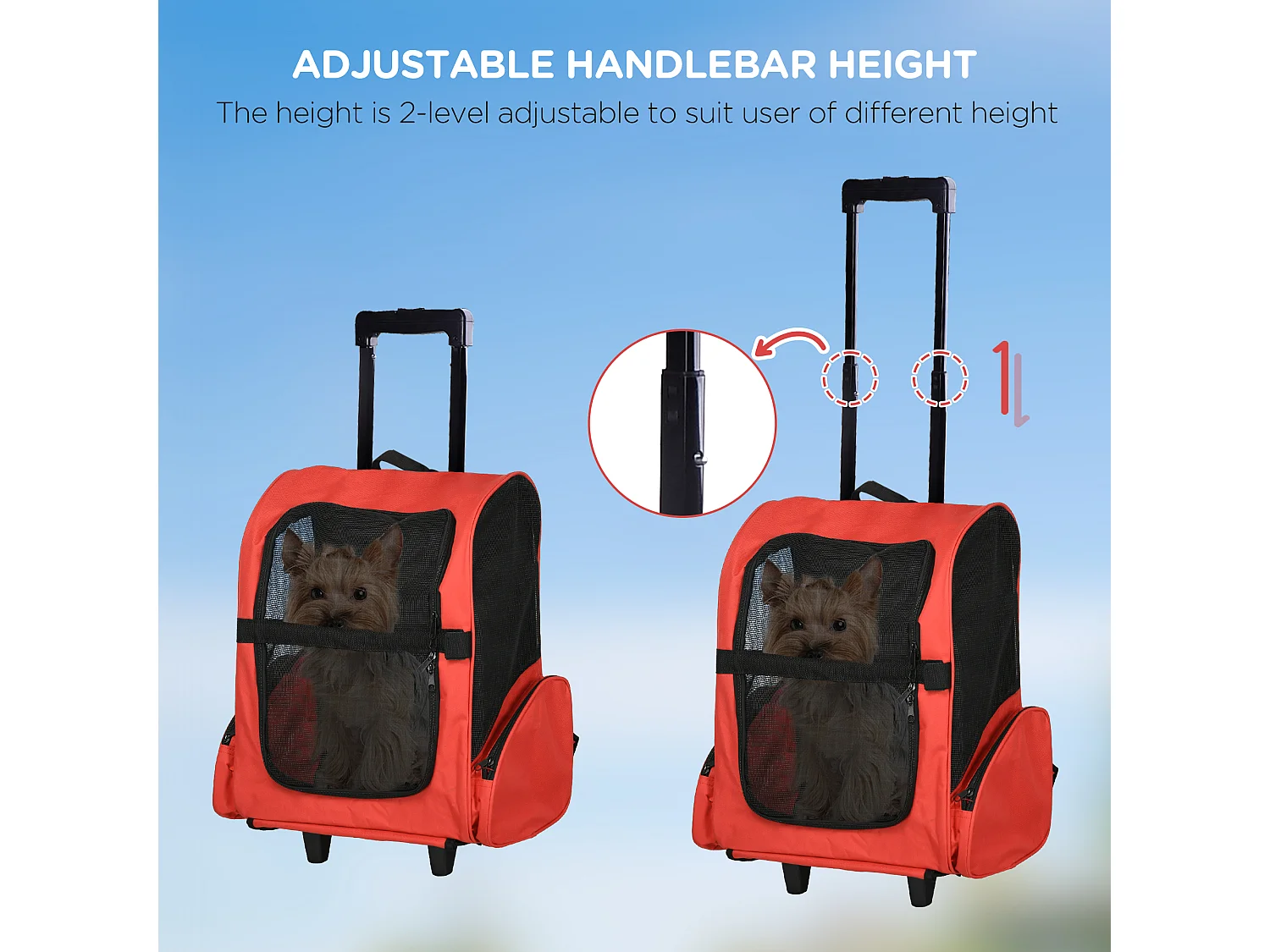 Sac de transport et trolley 2-en-1 pour chien et chat, fenêtre et porte, tissu oxford respirant, rouge (42x25x55 cm)