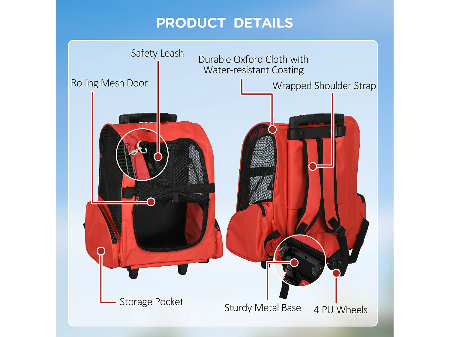 Sac de transport et trolley 2-en-1 pour chien et chat, fenêtre et porte, tissu oxford respirant, rouge (42x25x55 cm)