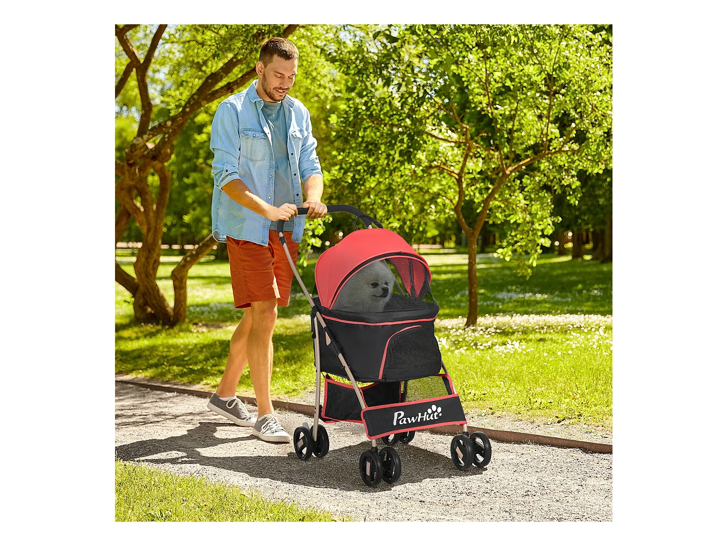 Chariot pliable 2 en 1 pour chien et chat, sac de transport, tissu Oxford, rouge (82x49.5x98 cm)