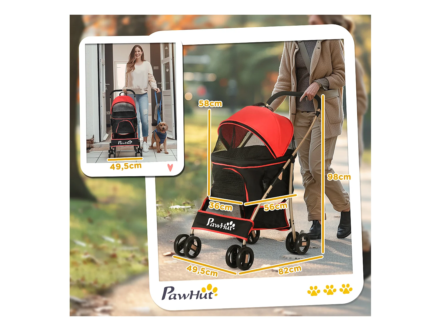 Chariot pliable 2 en 1 pour chien et chat, sac de transport, tissu Oxford, rouge (82x49.5x98 cm)