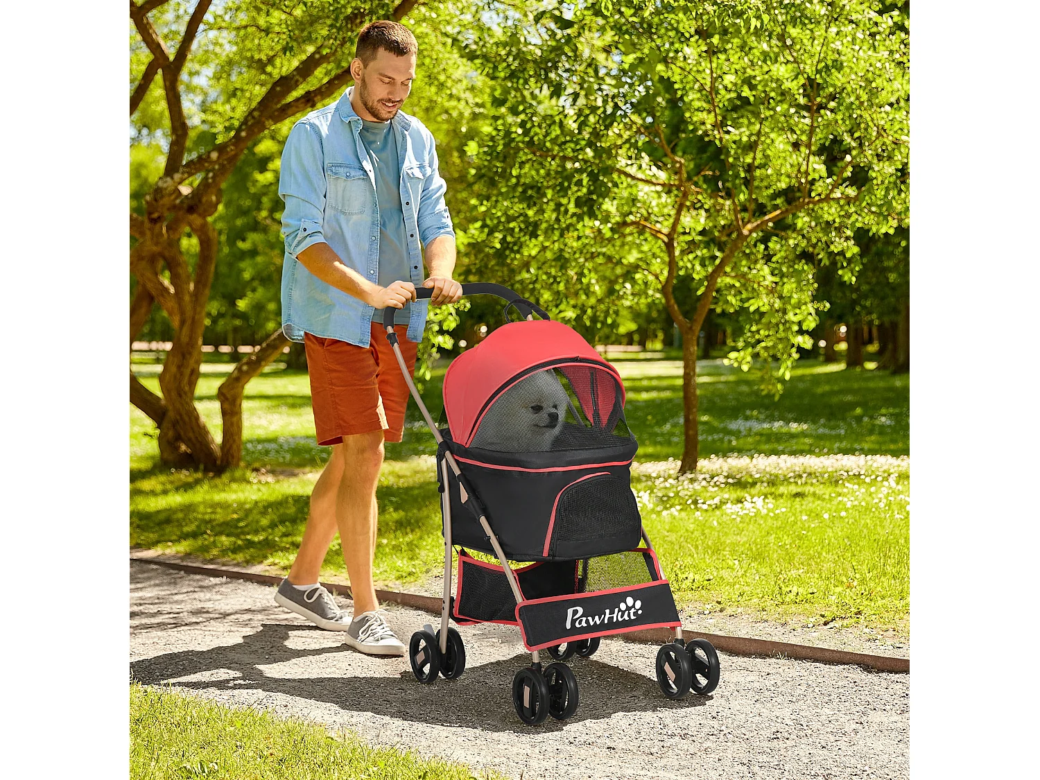 Chariot pliable 2 en 1 pour chien et chat, sac de transport, tissu Oxford, rouge (82x49.5x98 cm)