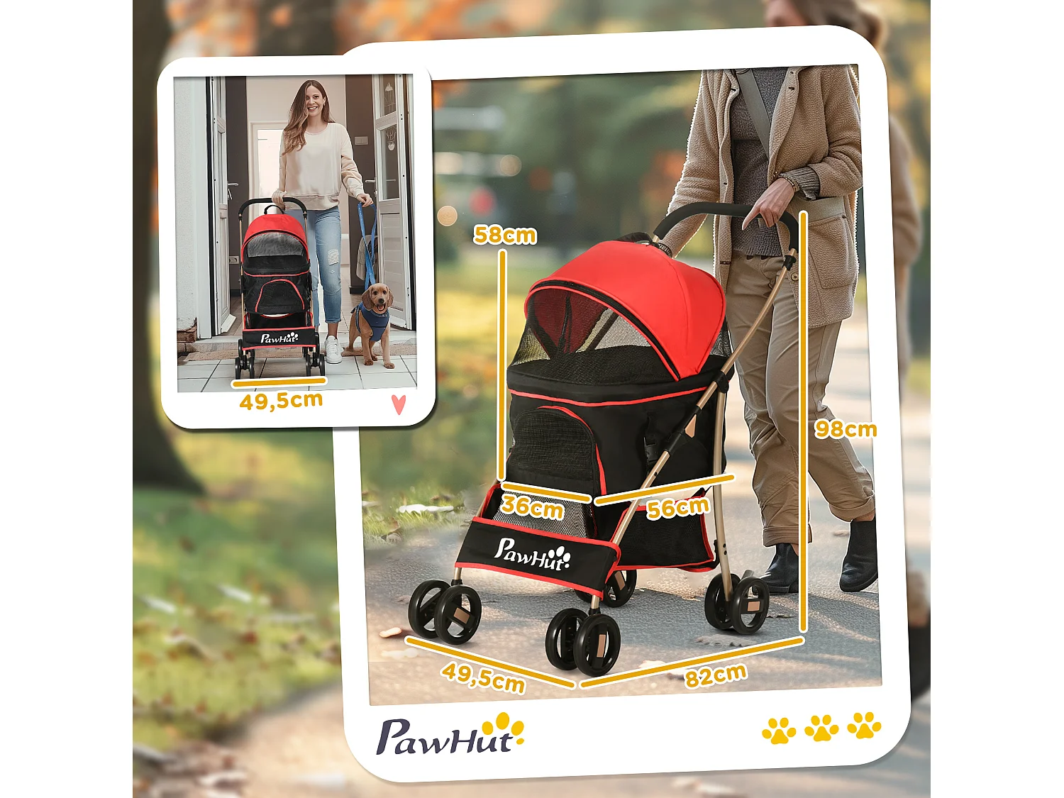 Chariot pliable 2 en 1 pour chien et chat, sac de transport, tissu Oxford, rouge (82x49.5x98 cm)