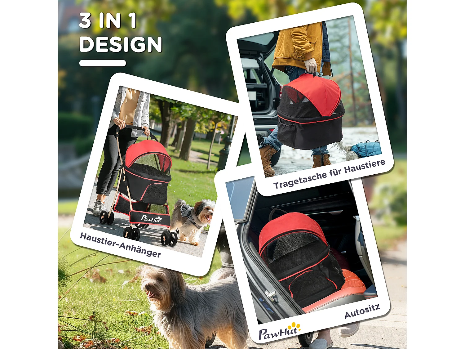 Chariot pliable 2 en 1 pour chien et chat, sac de transport, tissu Oxford, rouge (82x49.5x98 cm)