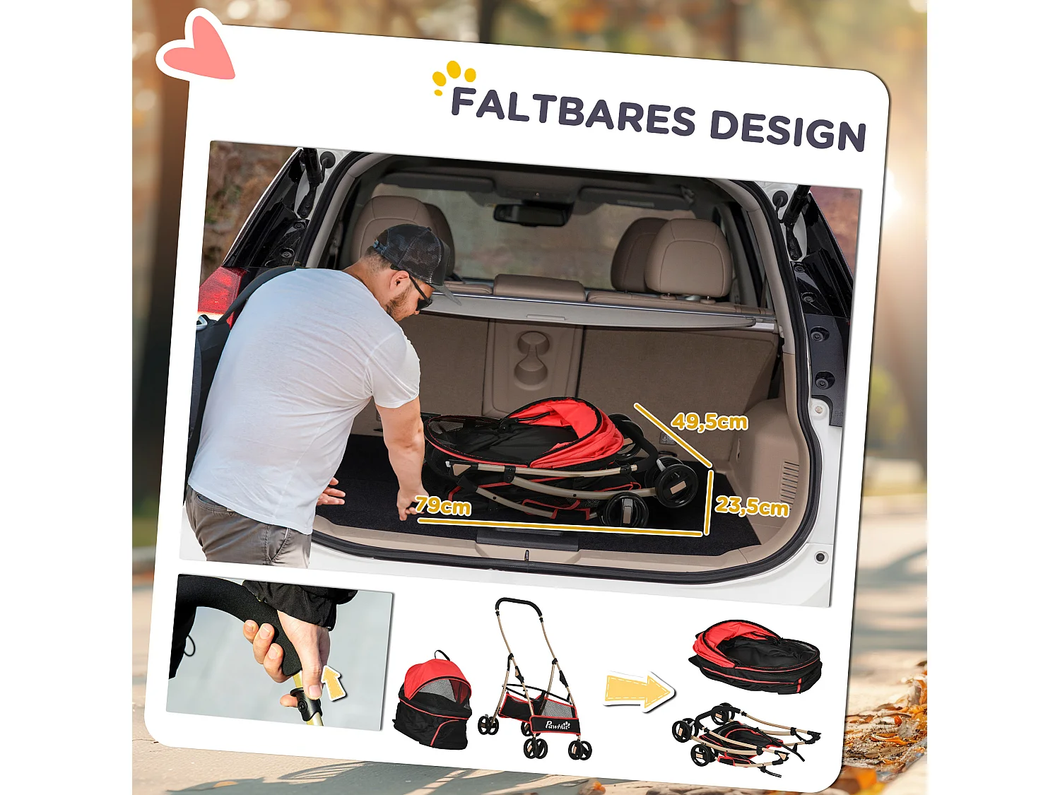 Chariot pliable 2 en 1 pour chien et chat, sac de transport, tissu Oxford, rouge (82x49.5x98 cm)