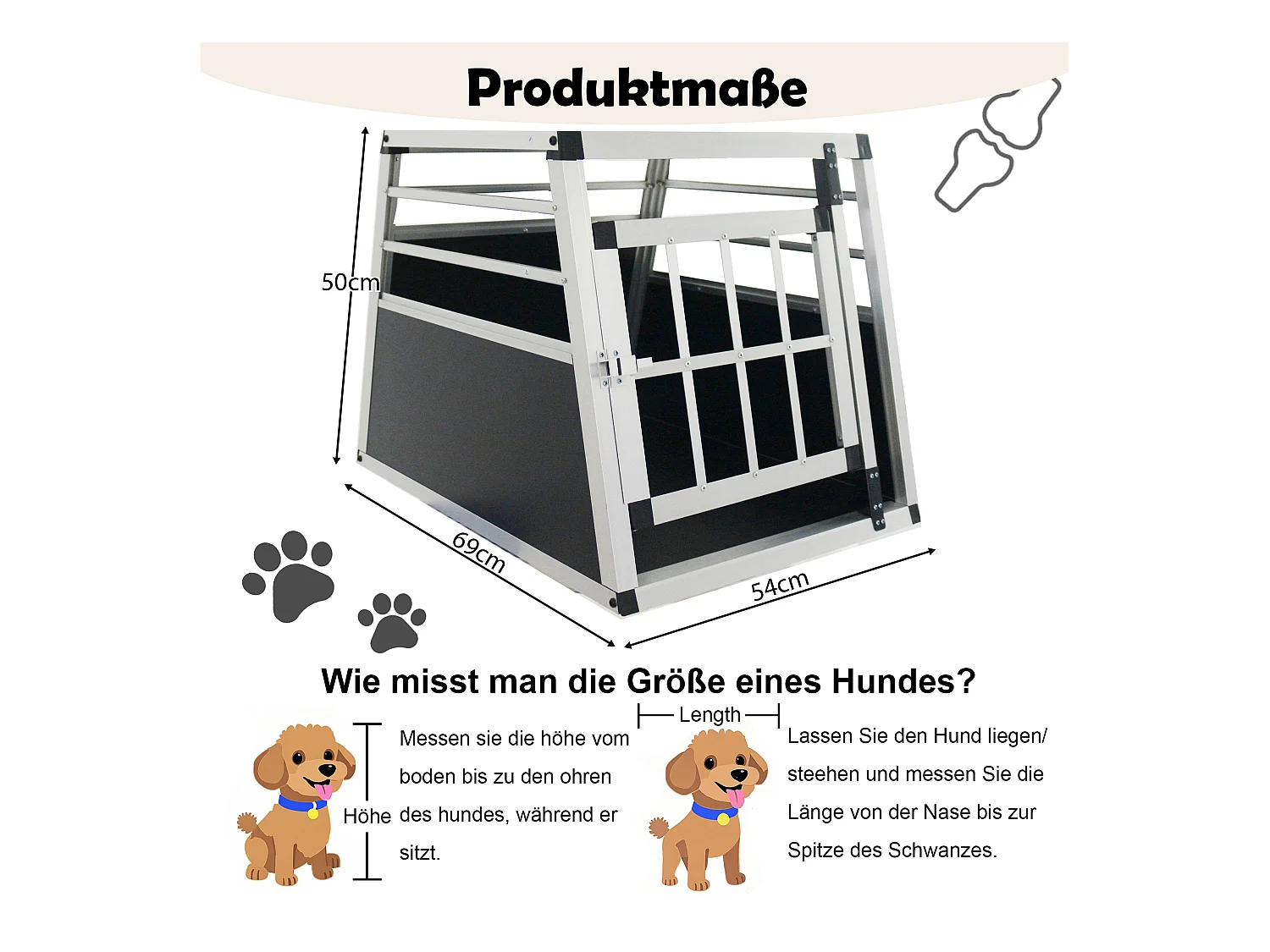 Cage de transport pour chien en aluminium, robuste et légère, aérée, noir et argent, avec fermetures sécurisées (54x69x50cm)