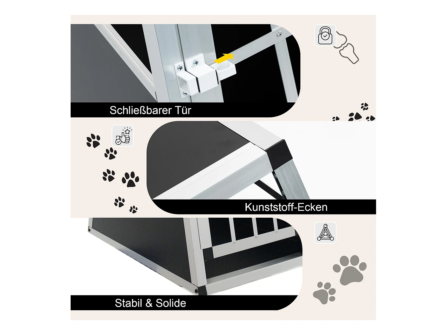 Cage de transport pour chien en aluminium, robuste et légère, aérée, noir et argent, avec fermetures sécurisées (54x69x50cm)