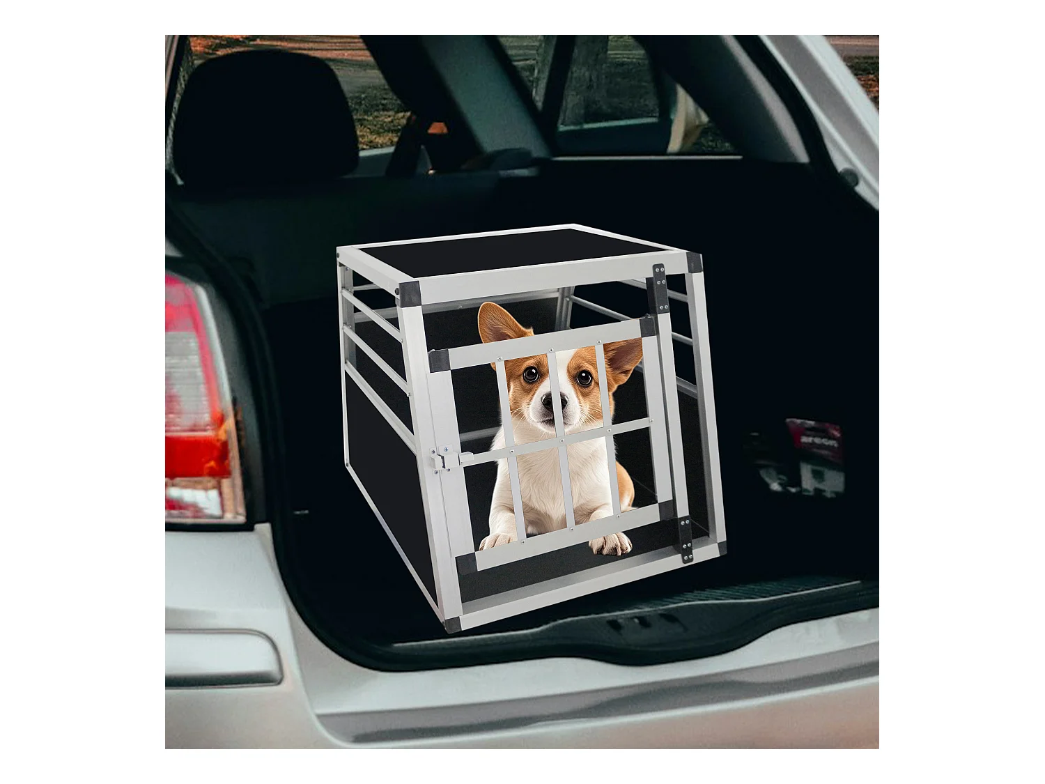 Cage de transport pour chien en aluminium, robuste et légère, aérée, noir et argent, avec fermetures sécurisées (54x69x50cm)